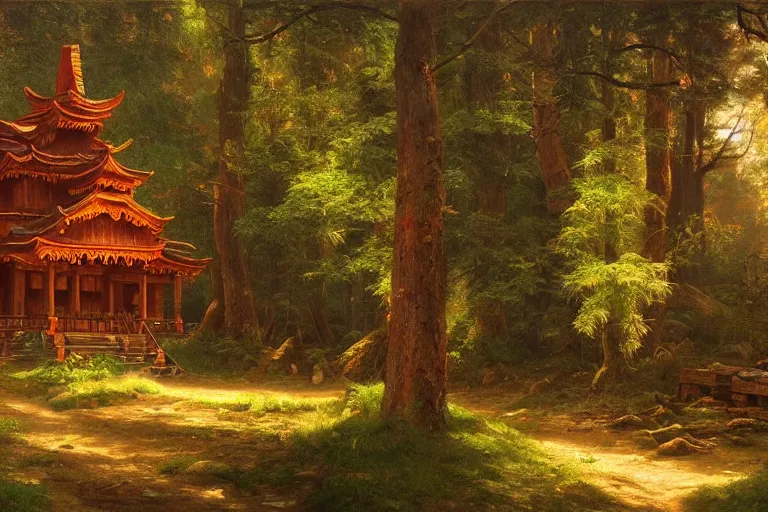 Image similar to wooden temple in the forest, very detailed, focused, oil painting, colorful, canvas, artstation, Vsevolod Ivanov, Albert Bierstadt