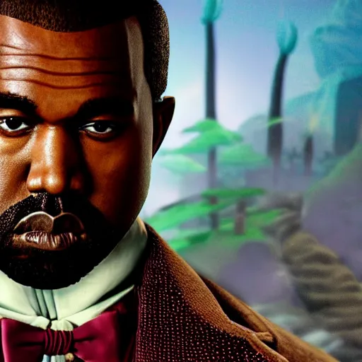 Image similar to Portrait of Kanye West as willy wonka in Skyrim, splash art, movie still, cinematic lighting, dramatic, octane render, long lens, shallow depth of field, bokeh, anamorphic lens flare, 8k, hyper detailed, 35mm film grain