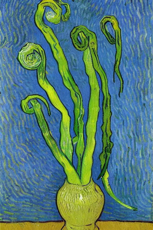 Prompt: Fiddleheads, painted by Vincent Van Gogh (1890), oil on canvas, detailed brushstrokes