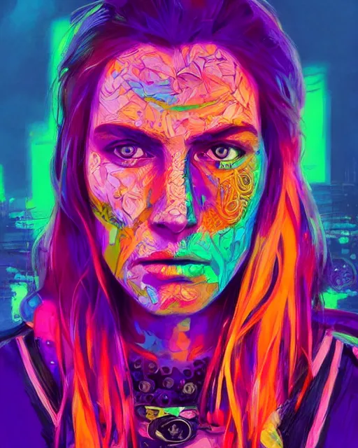 Prompt: colorful bust portrait of a hippie from the future, set in the future 2 1 5 0 | highly detailed face | very intricate | symmetrical | professional model | cinematic lighting | award - winning | painted by mandy jurgens | pan futurism, dystopian, bold colors, cyberpunk, groovy vibe, anime aesthestic | featured on artstation