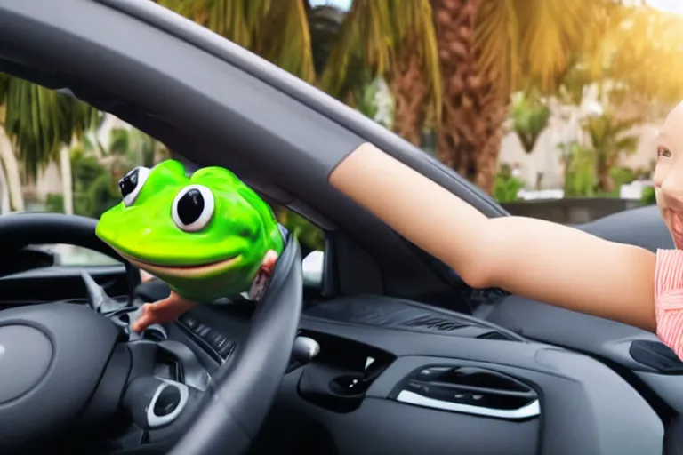 Image similar to human face as a frog driving a car, palm trees