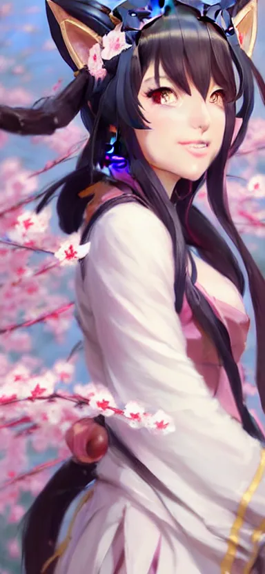 Image similar to a league of legends concept art of a cute girl with cat ears wearing kimono at a sakura tree, art by cushart krentz and greg rutkowski, 8 k resolution, high quality, highly detailed, long hair, fantasy style, empty background, illustration, hyperrealism, octane render, commission art, trending on artstation, pinterest