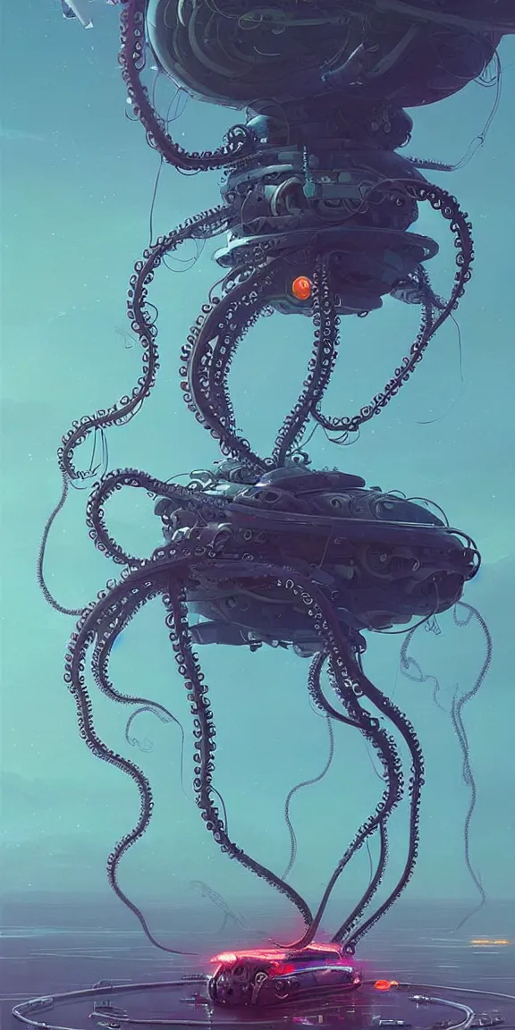 Image similar to mechanical octopus jellyfish spaceship with long tendrils, lots of hanging cables and wires, sci - fi concept art, by john harris, by simon stalenhag, stunning, award winning