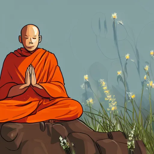 Image similar to slightly rusty robot monk in orange robes meditating in front of a worn stone shrine on a hilltop with wildflowers, digital illustration