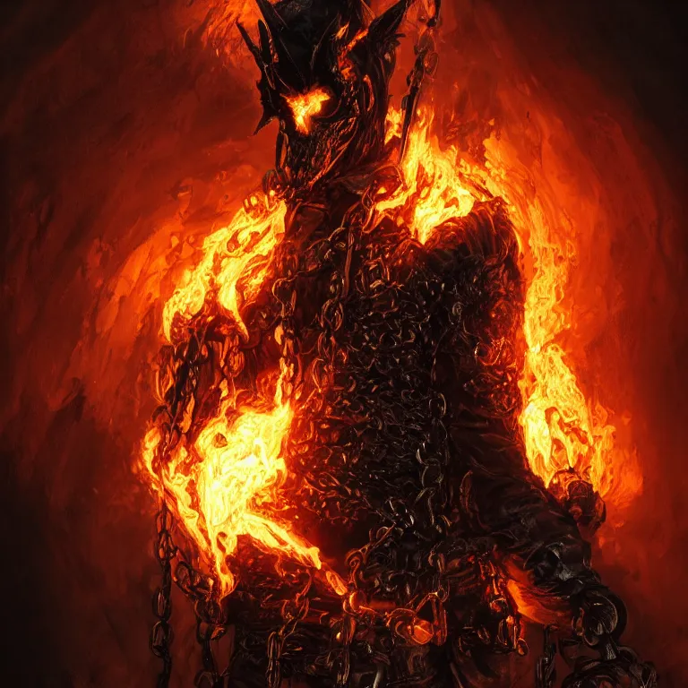 Image similar to Ghost Rider wearing a leather coat and chains, flaming grim reaper, demons of hell, the pits of hell, headshot photo, character concept, dark souls concept art, Feng Zhu concept art, dramatic lighting, highly stylized, trending on artstation, high-quality wallpaper, desktopography