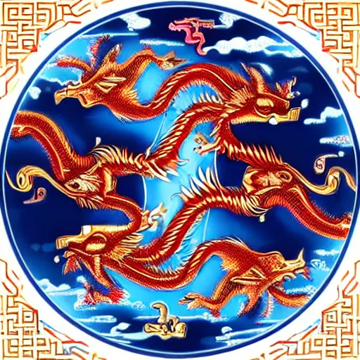 Prompt: chinese dragons chasing each other, ying yang, blue and red, hyper realistic, fire
