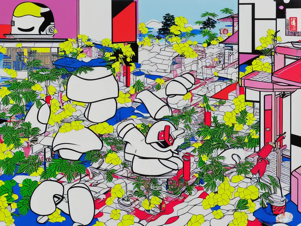 Image similar to hyperrealistic composition of the japanese home with a garden, stormtrooper in hot springs, pop - art style, jacky tsai style, andy warhol style, roy lichtenstein style, pastel palette, acrylic on canvas