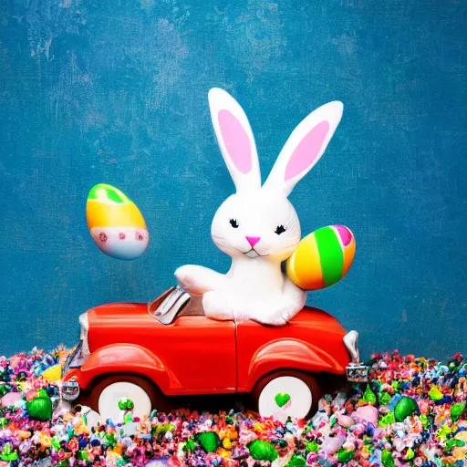 Prompt: easter bunny riding a convertible, studio photo, high quality