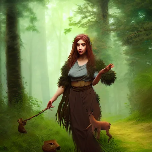 Image similar to a pretty female druid surrounded by forest animals, in the woods, hyper realistic, digital painting, photorealistic, in the style of greg rutkowski, detailed face