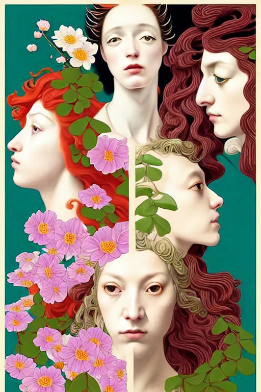 Image similar to 3 Spring Muses symbolically representing March, April, and May, in a style blending Æon Flux, Peter Chung, Shepard Fairey, Botticelli, Ivan Bolivian, and John Singer Sargent, inspired by pre-raphaelite paintings, shoujo manga, and cool Japanese street fashion, dramatically blossoming flora and fauna, petals falling everywhere, pastel vivid triad colors, hyper detailed, super fine inking lines, ethereal and otherworldly, 4K extremely photorealistic, Arnold render