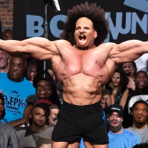 Prompt: BodyBuilder with EricAndre!! in his stomach, Screaming into Air, Bernie Sanders Supporters Cheering around him, 4K