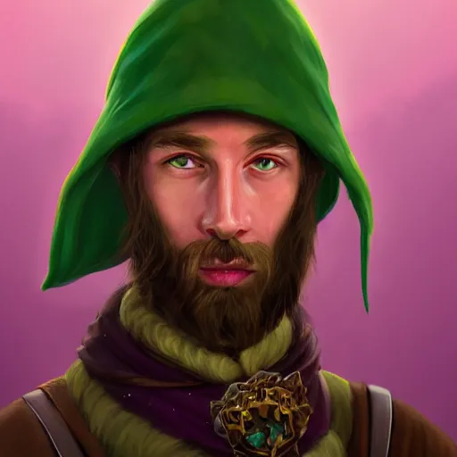Image similar to A professional digital portrait painting of a D&D druid, painted in the style of Wes Anderson, 4k, digital art, trending on cgsociety, highly detailed, upper body shot, shallow depth of field, purple and yellow lighting, professional lighting, airbrush,