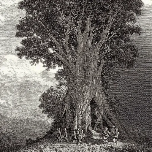 Image similar to roof piercing tree in a chapel, chanting monks, romanticism, by gustave dore, highly detailed