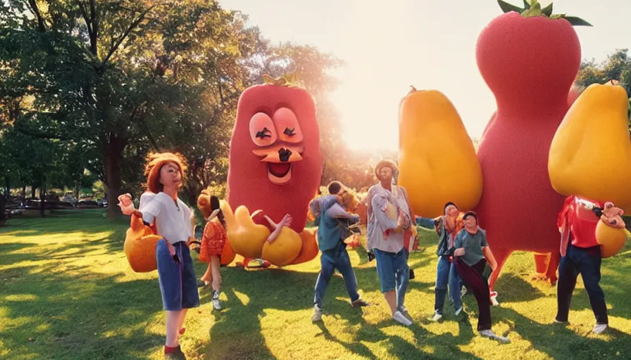 Image similar to 1990s candid photo of a beautiful day at the park, cinematic lighting, cinematic look, golden hour, costumed fruit mascot people coming out of a portal, Enormous personified fruit people with outstandingly happy faces coming out of a portal and talking to families, UHD