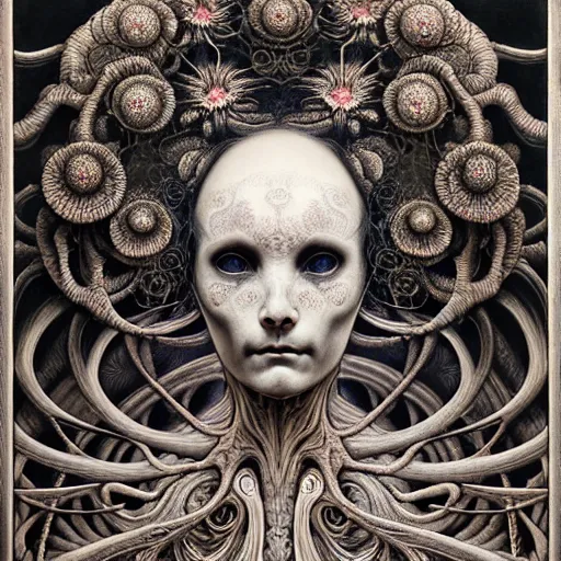 Image similar to detailed realistic beautiful calaveras death goddess face portrait by jean delville, gustave dore, iris van herpen and marco mazzoni, art forms of nature by ernst haeckel, art nouveau, symbolist, visionary, gothic, neo - gothic, pre - raphaelite, fractal lace, intricate alien botanical biodiversity, surreality, hyperdetailed ultrasharp