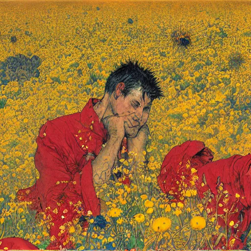 Prompt: 2 people in red desert drowning in a sea of yellow flowers, surrounded by swirls of prickly flowers rage , highly detailed, intricate, surreal, painting by Franz Marc, part by Yoji Shinkawa, part by Norman Rockwell