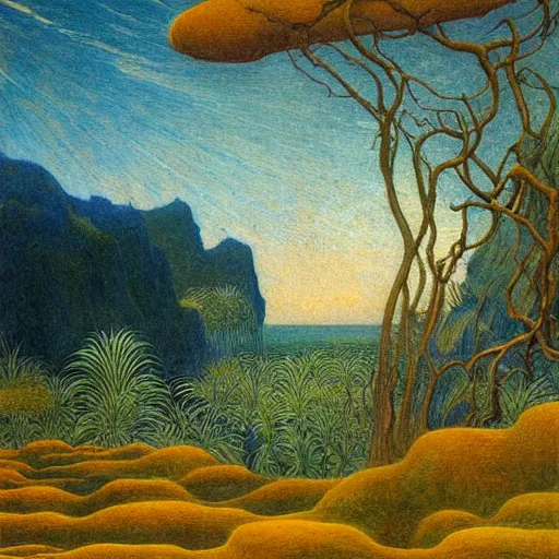 Image similar to painting of a lush natural scene on an alien planet by jean delville. beautiful landscape. weird vegetation. cliffs and water.