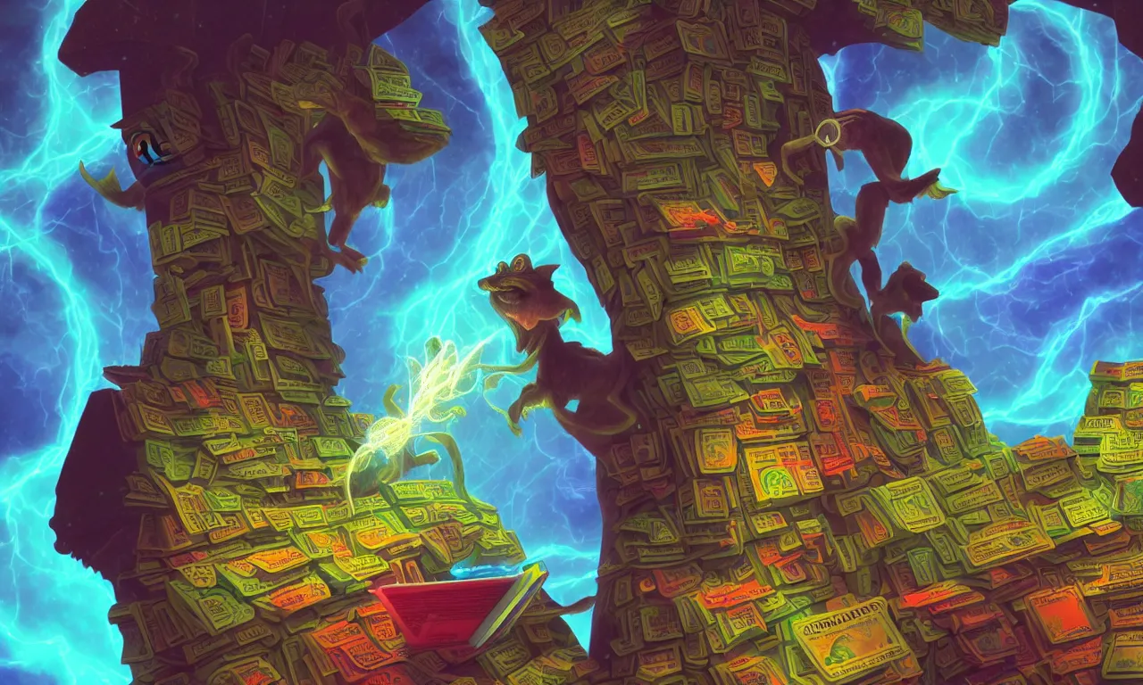 Image similar to large kerberos realm, faked ticket close up, wizard reading a directory, colorful ravine, 3 d art, digital illustration, perfect lighting