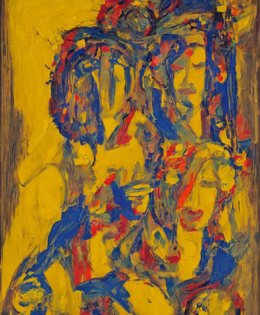 Image similar to portrait of a single priestess with flowers in her hair and a candle in her hand, yellow and blue ribbons, expressive abstractionism, many small saturated hard relief strokes of oil on canvas with high detail