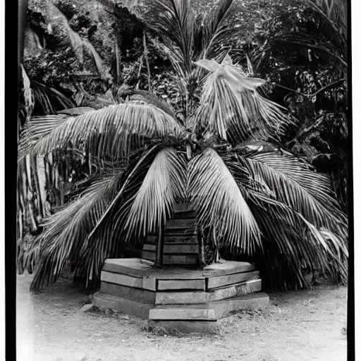 Image similar to lost film footage of a sacred indigenous artifact in the middle of the ( ( ( ( ( ( ( ( ( ( tropical jungle ) ) ) ) ) ) ) ) ) ) / ethnographic object / film still / cinematic / enhanced / 1 9 0 0 s / black and white / grain