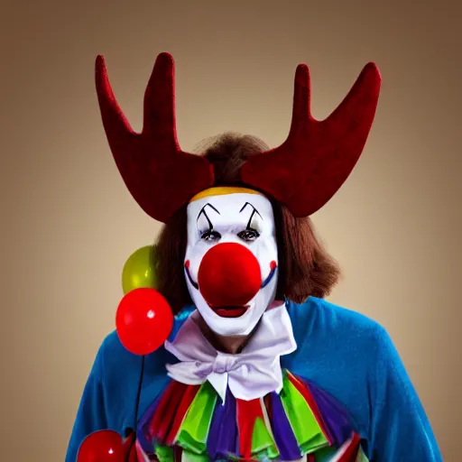 Image similar to a photo realistic moose dressed as a clown, 8 k, high detail, 8 0 mm, good lighting