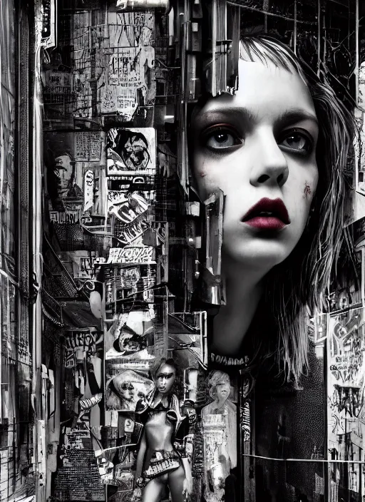 Image similar to portrait photo, 3 5 mm lomography, female doorwoman, gang clothing fashion, id magazine, by david bailey, hyperrealism, detailed textures, photorealistic, cyberpunk apocalyptic city, ultra realistic, cinematic, intricate, cinematic light, 8 k, david la chapelle, david kostic, artgerm