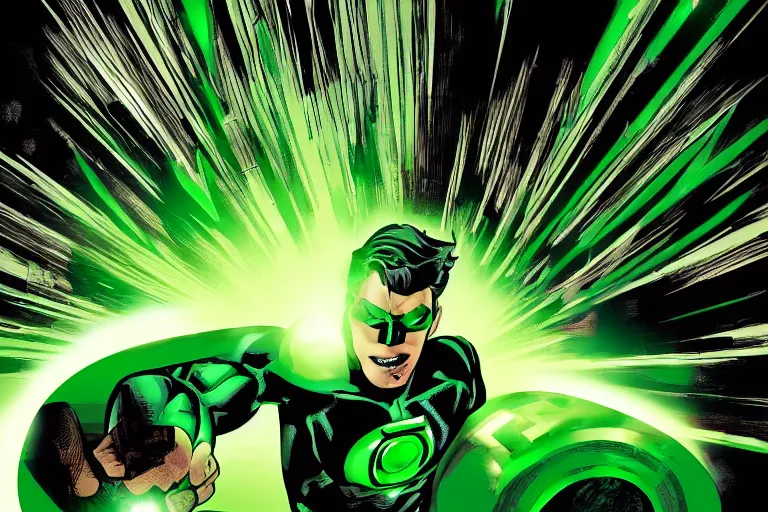 Image similar to green lantern creating a giant hammer, comicbook style, epic background, dof