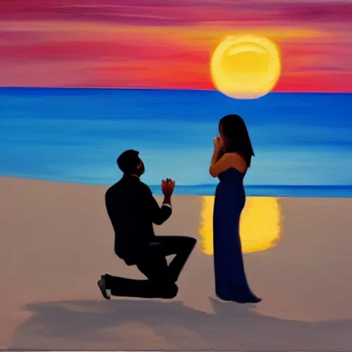 Image similar to man wearing white dress shirt kneeling and proposing to his fiance on a beach with a sunset, acrylic painting,