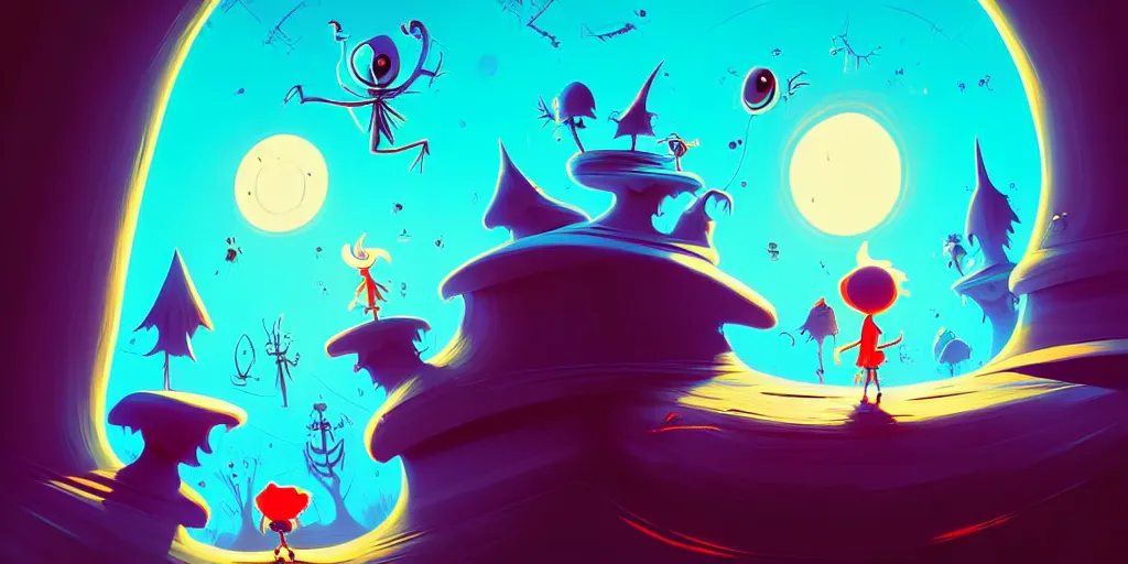 Image similar to curved perspective, extreme narrow, extreme fisheye, digital art of kids playing by anton fadeev from nightmare before christmas