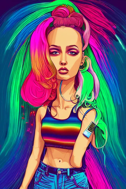 Image similar to a award winning half body portrait of a beautiful woman with stunning eyes in a printed croptop and cargo pants with rainbow colored ombre hairstyle head in motion and hair flying by josan gonzales, outrun, vaporware, shaded flat illustration, digital art, trending on artstation, highly detailed, fine detail, intricate