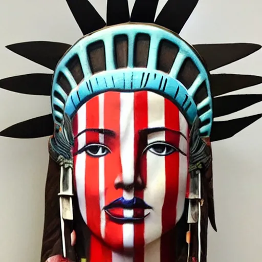 Image similar to a beautiful statue of liberty sculpture designed by Sandra Chevrier, american indian headdress, American stars and stripes on face, by Annie Leibovitz