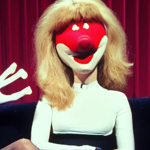 Image similar to 1983 happy woman on a talk show show with a long prosthetic snout nose, big nostrils, wearing a dress, 1983 French film color archival footage color film 16mm Fellini Almodovar John Waters Russ Meyer with hand puppet