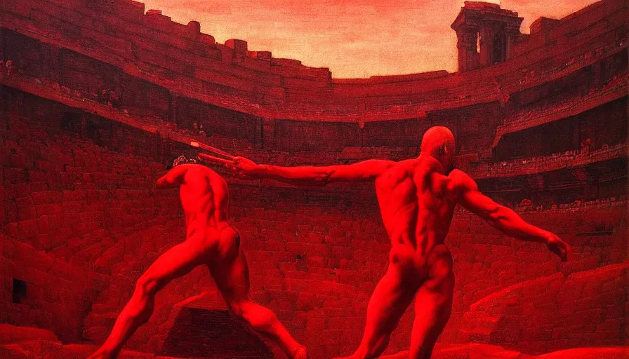 Image similar to only with red, a red gladiator in a crowded roman amphitheatre, crowd cheers him, in the style of beksinski, parts by edward hopper, parts by rodcenko, parts by yue minjun, intricate and epic composition, red by caravaggio, insane quality, highly detailed, masterpiece, red light, artstation