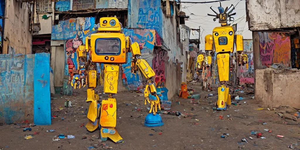 Prompt: colourful giant mecha ROBOT of AJEGUNLE SLUMS of Lagos, writings and markings on robot, Golden hour,