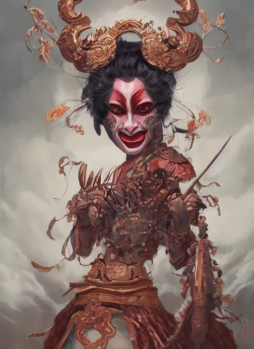 Image similar to a beautiful detailed oil on copper art illustration of a oni hannya mask shogun woman, centered, by charlie bowater, zeng fanzh, trending on artstation, dim dusk lighting, cinematic lighting, detailed lighting, volumetric lighting, realistic, f 8, 4 k hd wallpaper