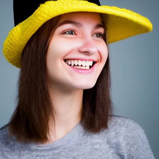 Prompt: portrait of a smiling 2 0 - year - old woman with angle lost profile looking away, medium yellow blond hair, character with a hat, hair comes out of the hat a little