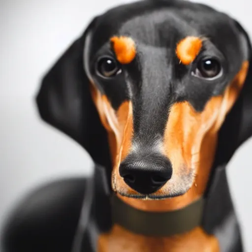 Prompt: sausage dog squinting at the viewer with a knowing look in its eyes, low quality, centered