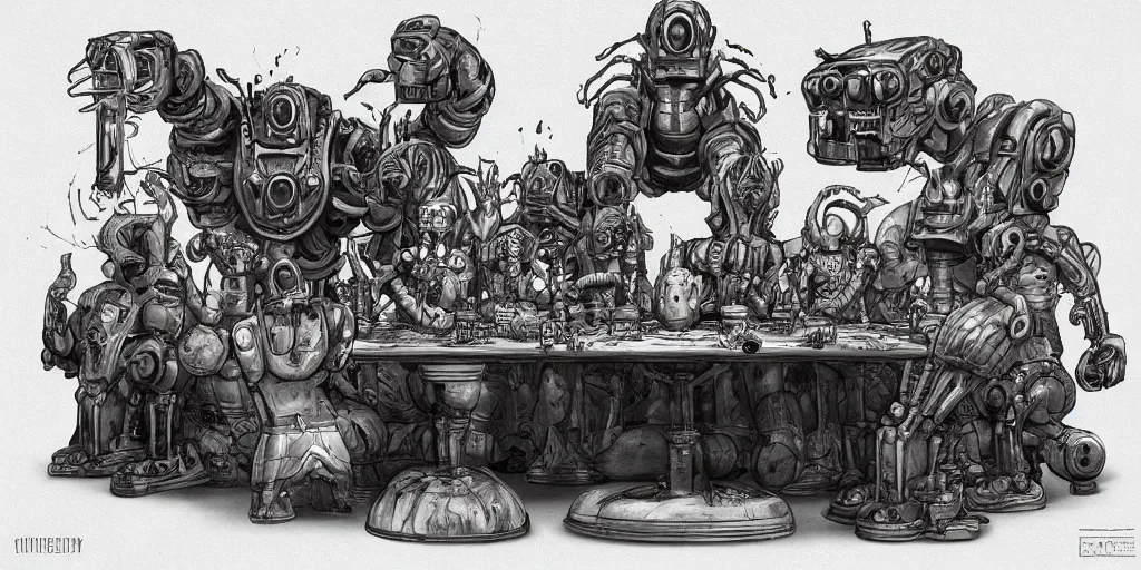 Prompt: last supper realistic robot , A Monster Emerges - inspired by 'The Beholder' Concept by Marcus Whinney trending on artstation