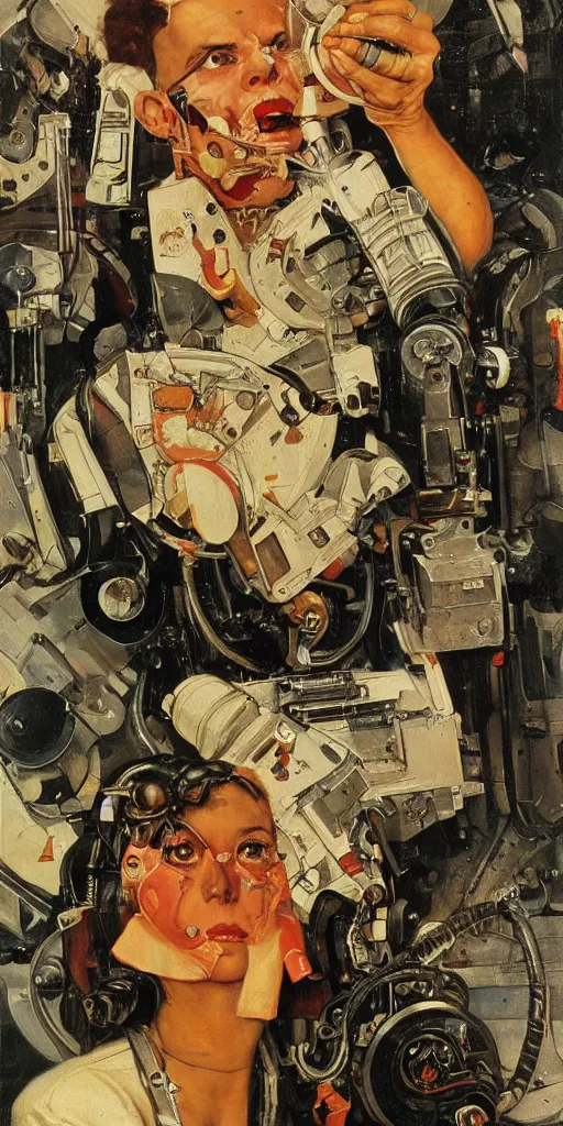 Image similar to Cyborg AI painting a portrait of it self. Norman Rockwell style. Ultra-high details.