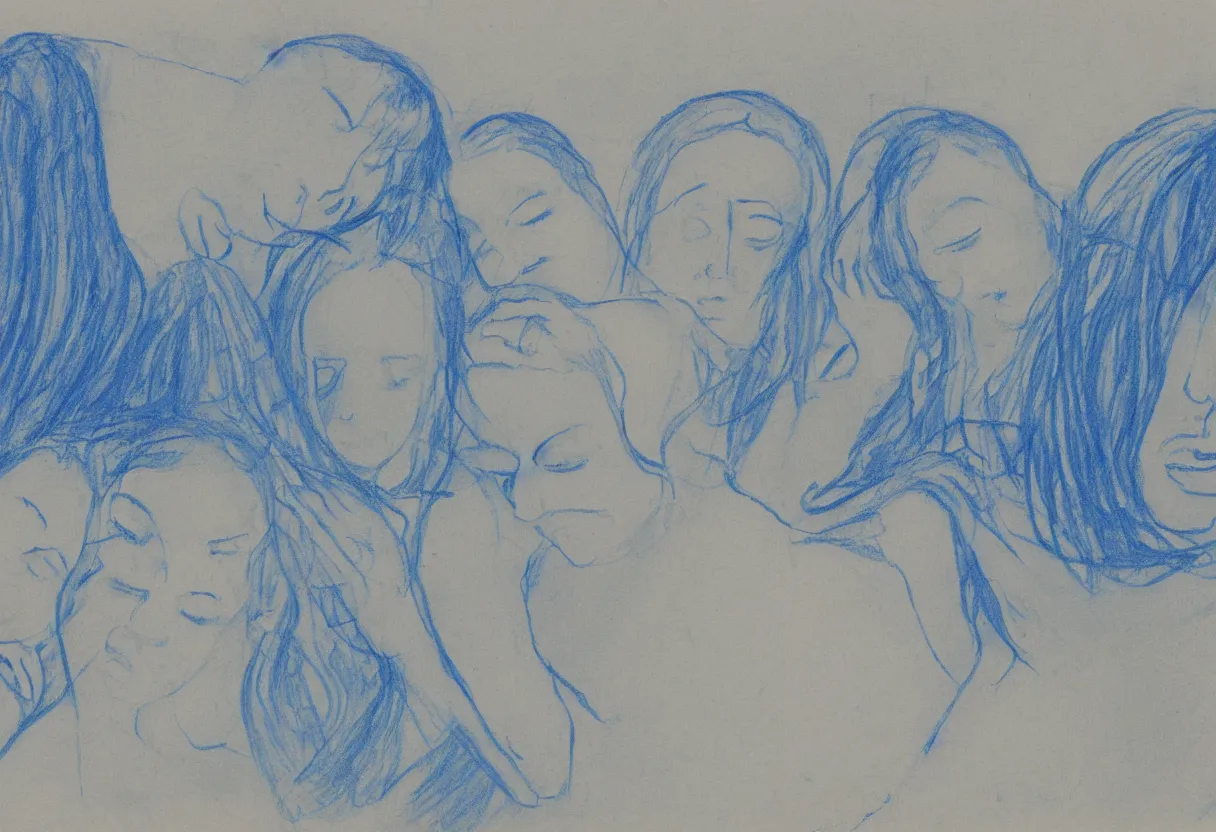 Image similar to a blue drawing of 3 maria's in a landscape crying