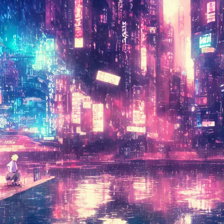 Image similar to a lofi anime protagonist crying a river, new york, deep rich colors, 8 k, award winning, blur, cinematic, neon, cyberwave, cynthwave, hayao miyazaki, makoto shinkai and ilya kuvahinov