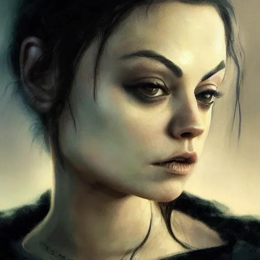 Image similar to portrait of a young mila kunis in a gothic dress, eerie colors, dramatic light, gorgeous view, depth, high detail, digital art, painted by greg rutkowski and seb mckinnon, by tim burton, trending on artstation