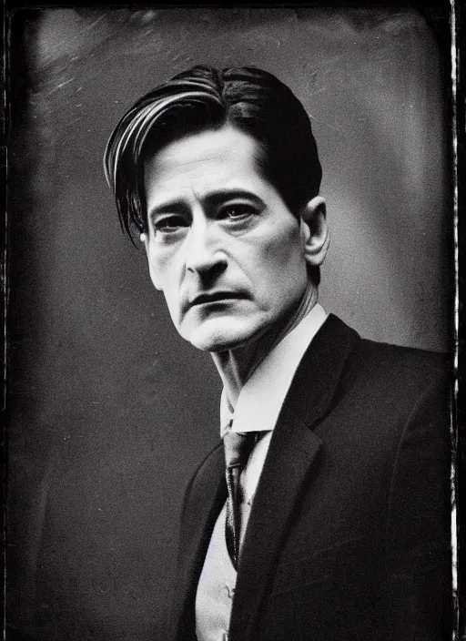 Prompt: tintype photograph of agent dale cooper from twin peaks in the red room, old, grainy, ominous, black and white