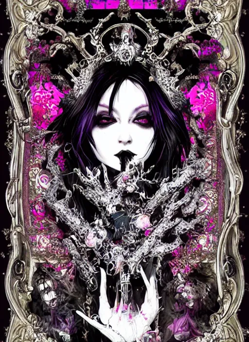 Image similar to baroque bedazzled gothic royalty frames surrounding a pixelsort emo demonic horrorcore Japanese Edward Scissorhands in Wonderland, sharpened early computer graphics, remastered chromatic aberration