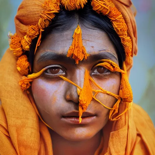 Image similar to realistic expired fuji film portrait of strange india woman mix, marigold celestial vibe, hyperrealism, hypermaxiymalism, photorealistic, detailed, atmospheric, 8 k, award winning photography, cinematic