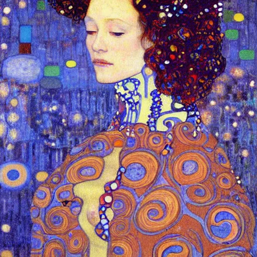 Prompt: abstract painted portrait of a beautiful woman by klimt, moebius