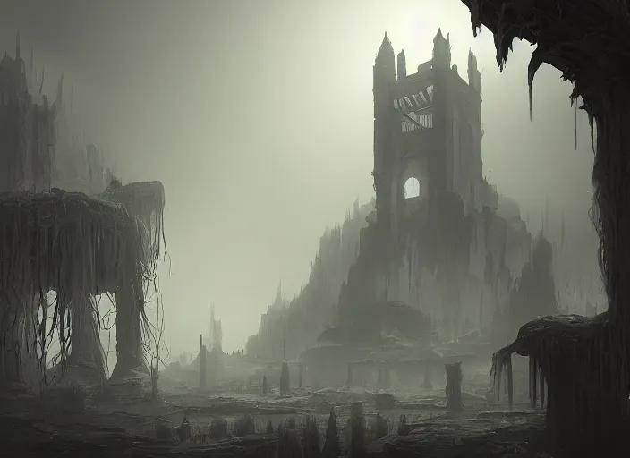 Prompt: a matte painting of the interior by the tower of bones, immaculate scale, volumetric lighting, detailed, concept art, digital art, trending on artstation, creepy, dark, dark atmosphere