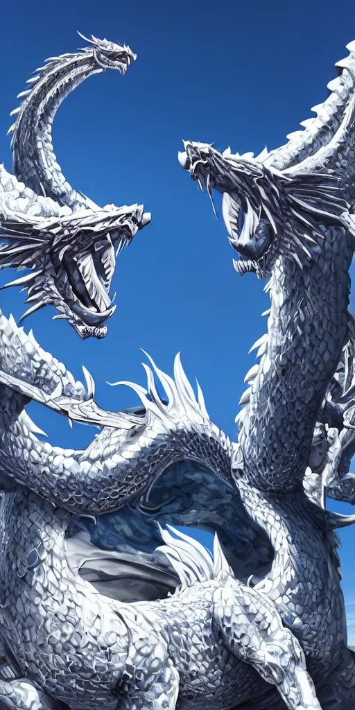 Image similar to white photorealistic futuristic post - modern blue eyes white dragon in seoul with bright blue sky