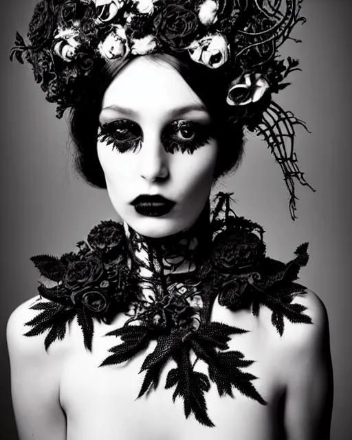 Image similar to surreal dark poetic black and white photo portrait of complex bio-mechanical beautiful young silver female vegetal-cyborg with a fur metal fine lace face, a very long neck and a fine metal floral foliage super big gothic lace collar and high floral crown by Vivienne Westwood:: smoke, high fashion, haute couture, rococo, avant-garde, dry black roses, silver filigree details, anatomical, facial muscles, cable wires, microchip, elegant, dreamy, foggy atmosphere, hyper realistic, 150 mm lens, soft rim light, octane render, unreal engine, picture was taken in 1910 by Man Ray, volumetric lighting, dramatic light,8k,