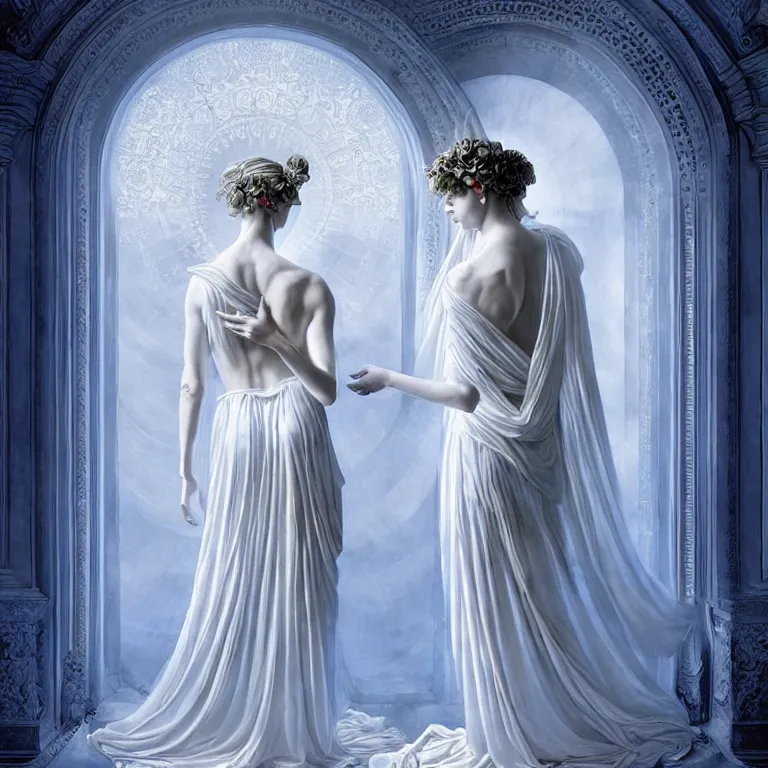 Prompt: renaissance professional digital art of wonderful symmetrical goddess with a majestic semi transparent white roses cotton dress, blue atmospheric light, dramatic lighting, cinematic, painted, intricate, detailed, foreboding, by art by meredit frampton and gregory crewdson, epic, stunning, gorgeous, much wow, cinematic, masterpiece.